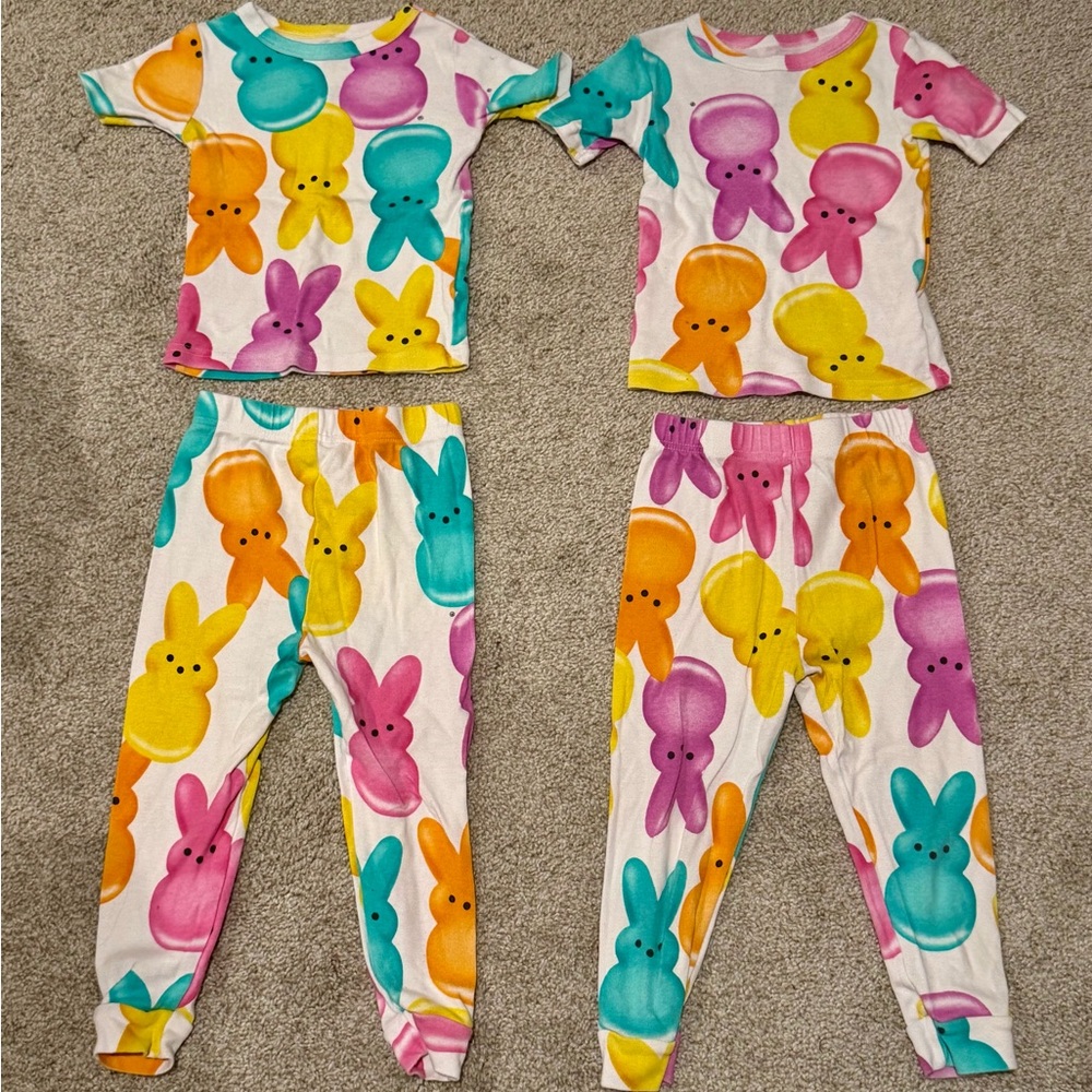 Colorful Easter/Spring Bunny Print Peeps Kids Pajamas Set 4T Twin Set